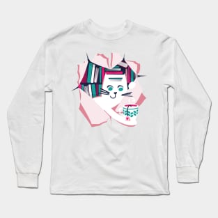 Bookish cat // white cat with tea mug teal white fuchsia and pastel pink books Long Sleeve T-Shirt